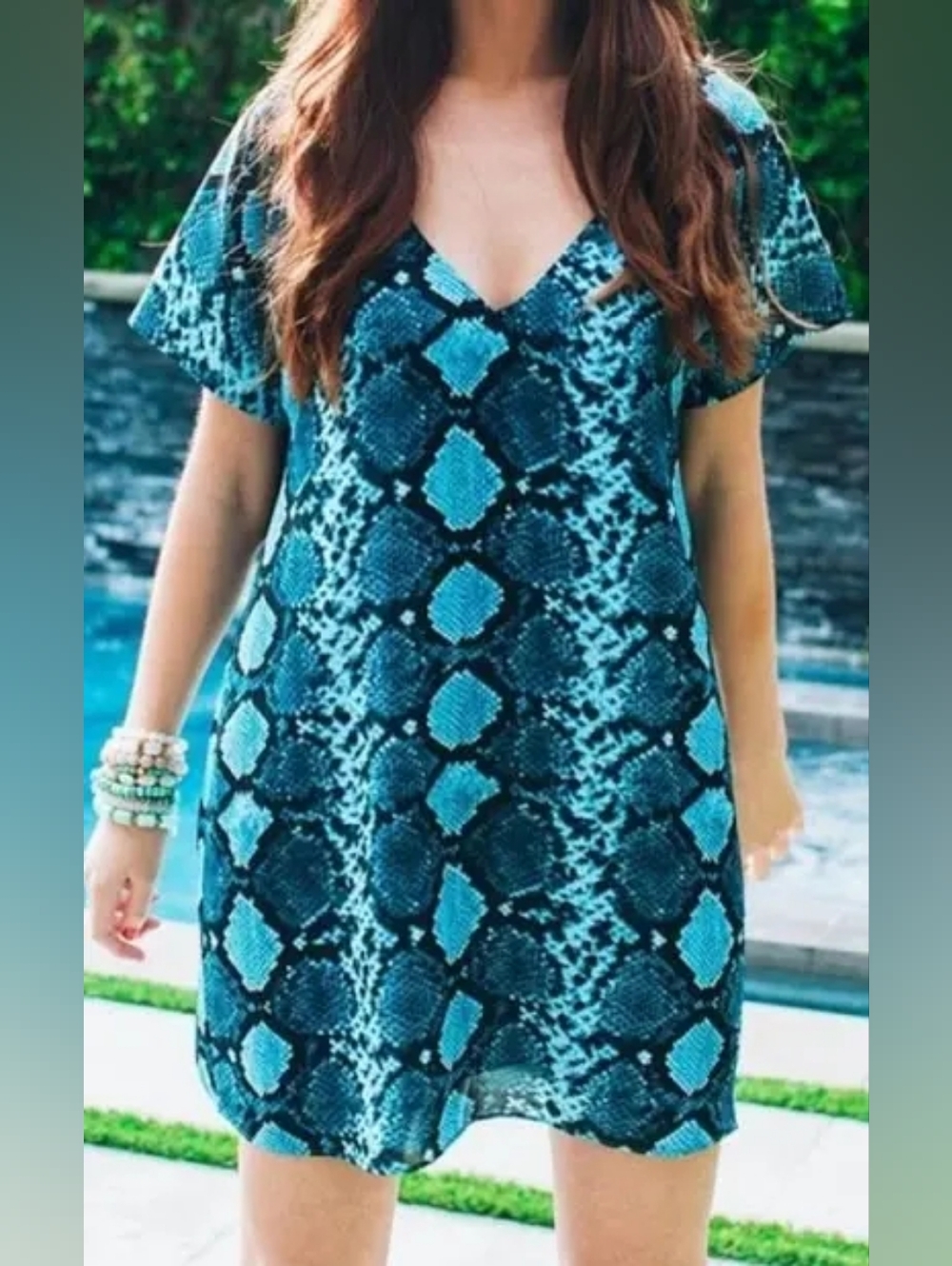 Buddy Love 🩷 Teal & Blue V-Neck Snakeskin Print Shift Dress, Size Medium